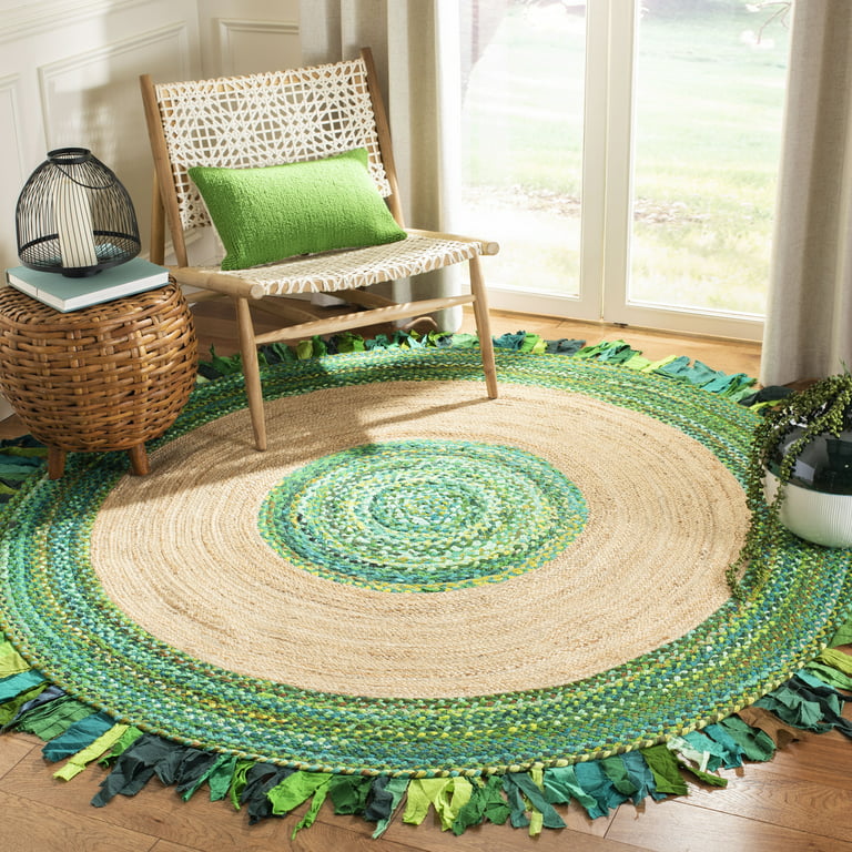 SAFAVIEH Cape Cod Susan Braided with Fringe Area Rug, 4' x 4' Round,  Green/Natural 