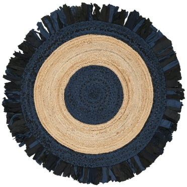 SAFAVIEH Cape Cod Susan Braided with Fringe Area Rug, 4' x 4' Round, Navy/Natural