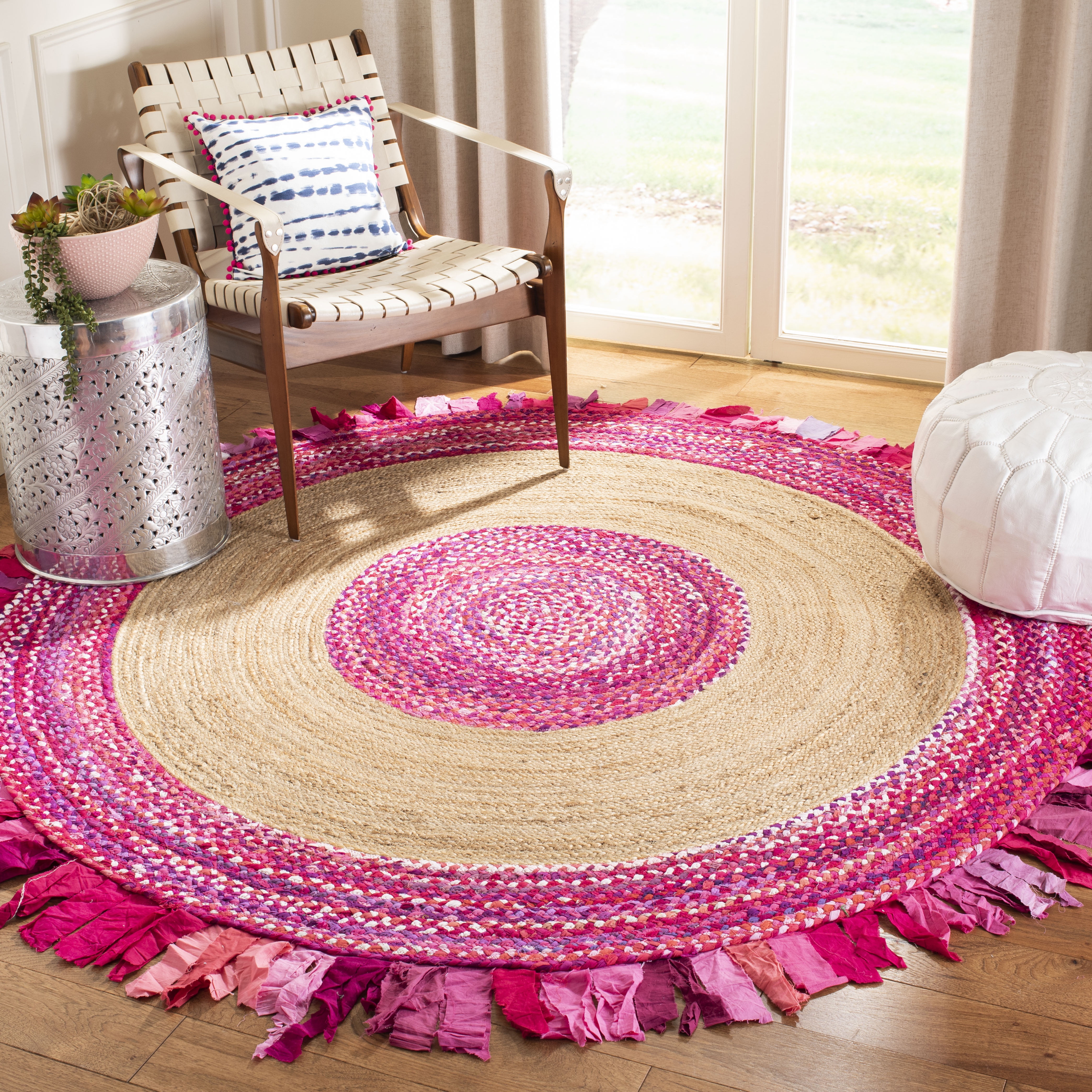 SAFAVIEH Cape Cod Susan Striped Area Rug, Pink/Natural, 4' x 4' Round