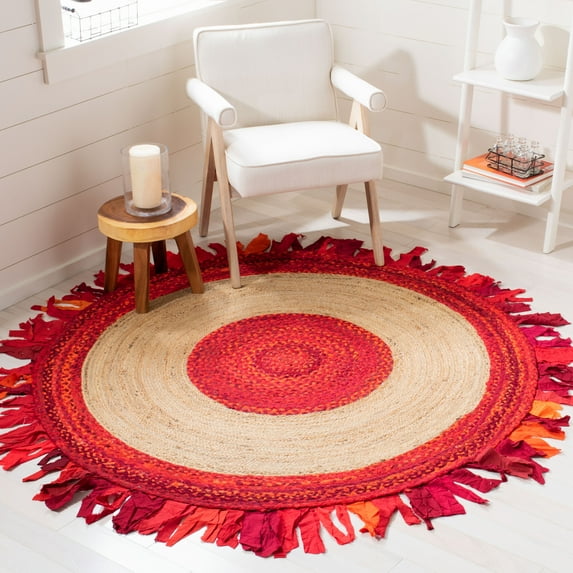 SAFAVIEH Cape Cod Susan Striped Area Rug, Red/Natural, 4' x 4' Round