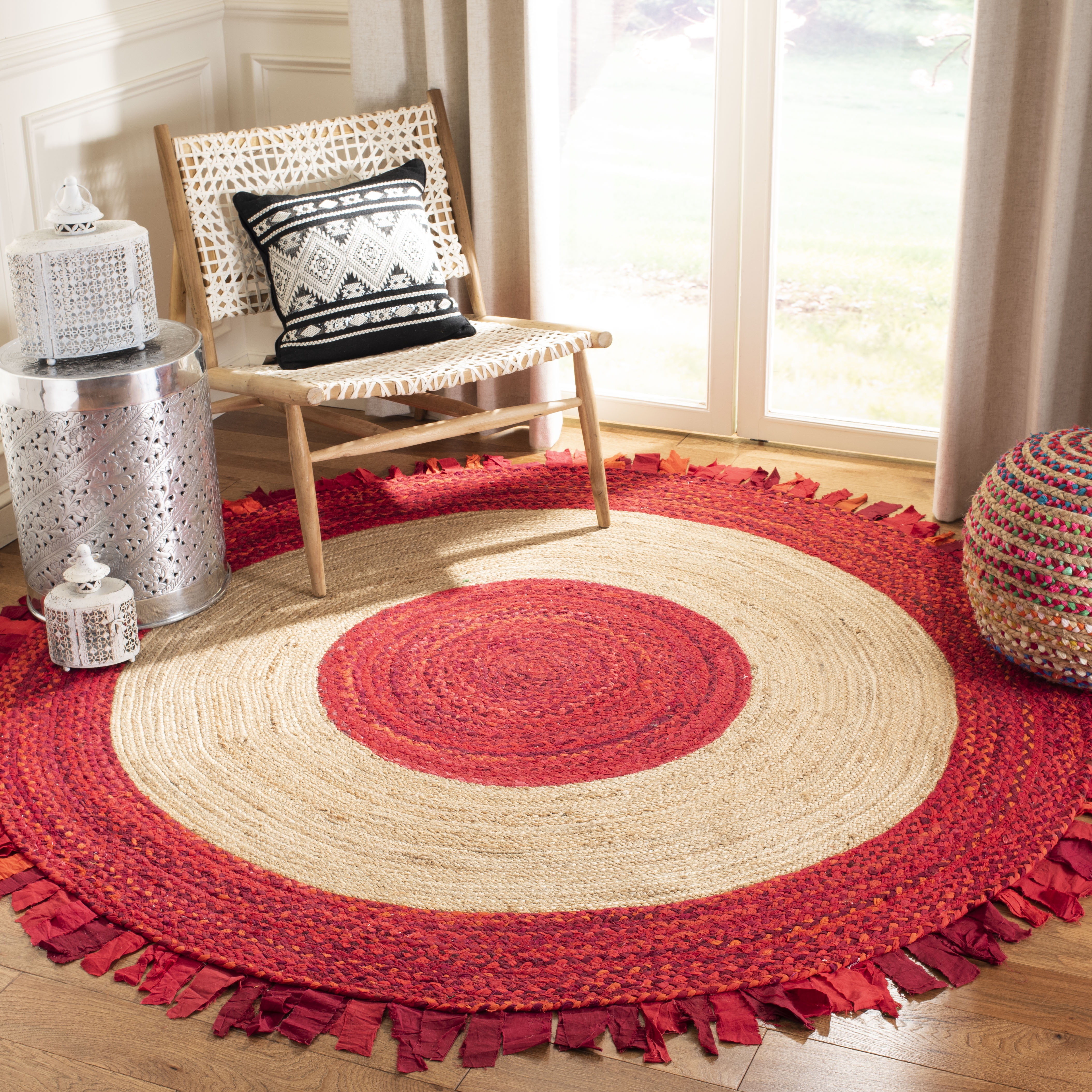 SAFAVIEH Cape Cod Susan Striped Area Rug, Red/Natural, 6' x 6' Round