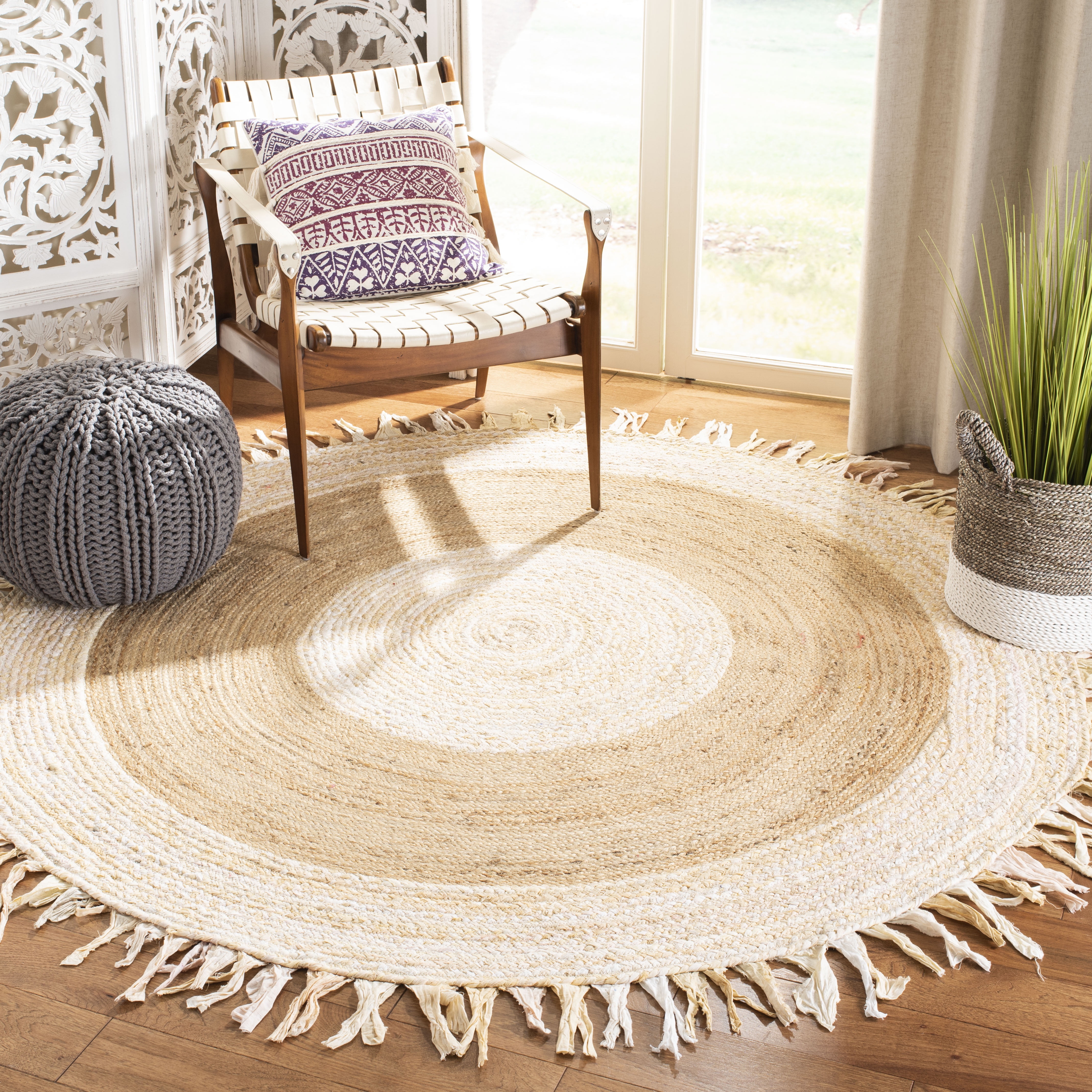 SAFAVIEH Cape Cod Susan Striped Area Rug, Beige/Natural, 7' x 7' Round