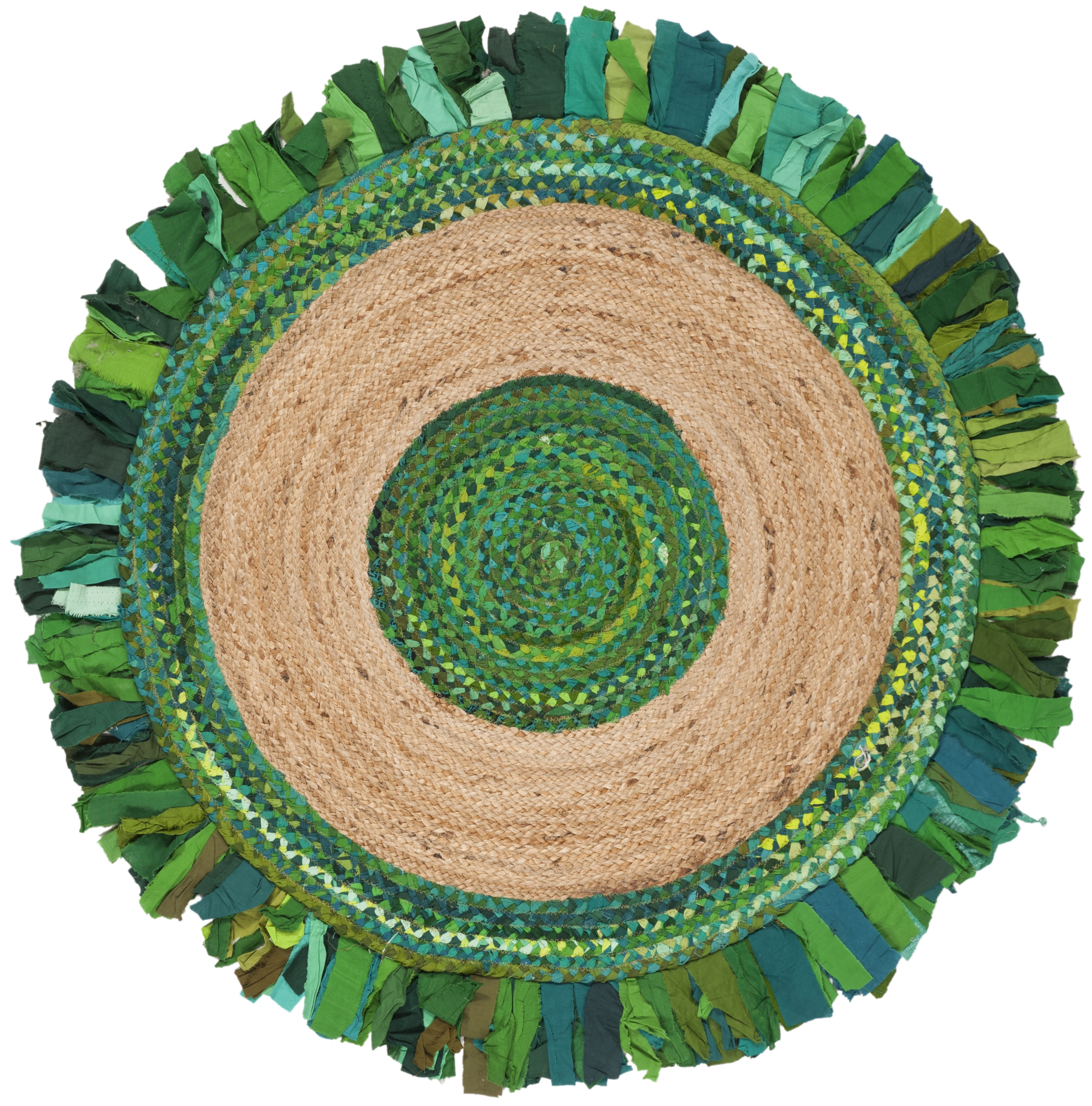 Handmade Green and Natural Round Cotton Area Rug, 3' x 3'