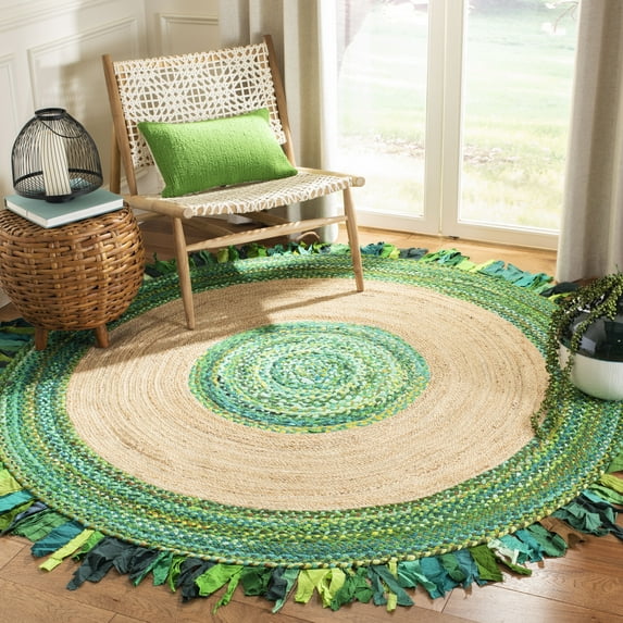 SAFAVIEH Cape Cod Susan Striped Area Rug, Green/Natural, 5' x 5' Round