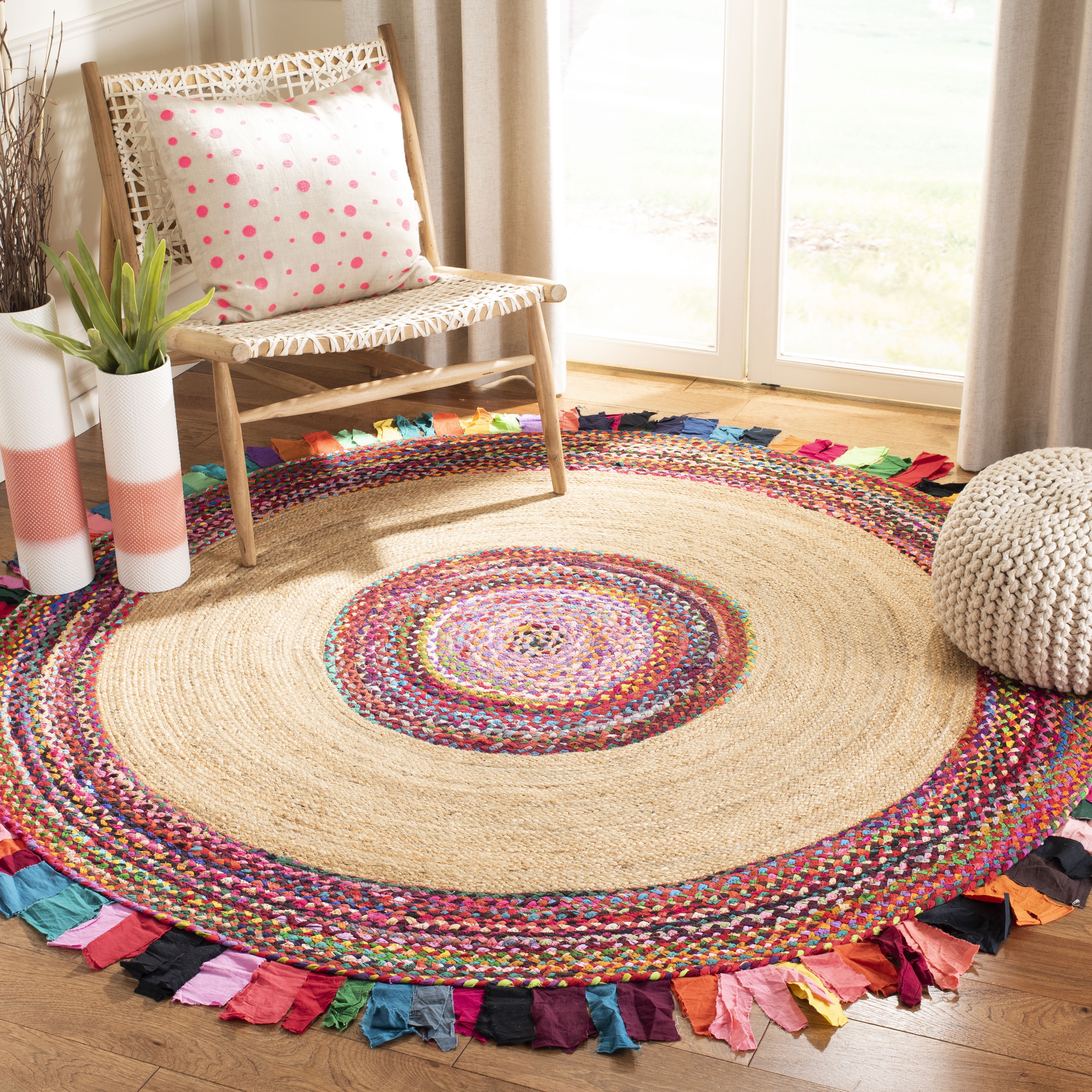 SAFAVIEH Cape Cod Susan Striped Area Rug, Multi/Natural, 7' x 7' Round