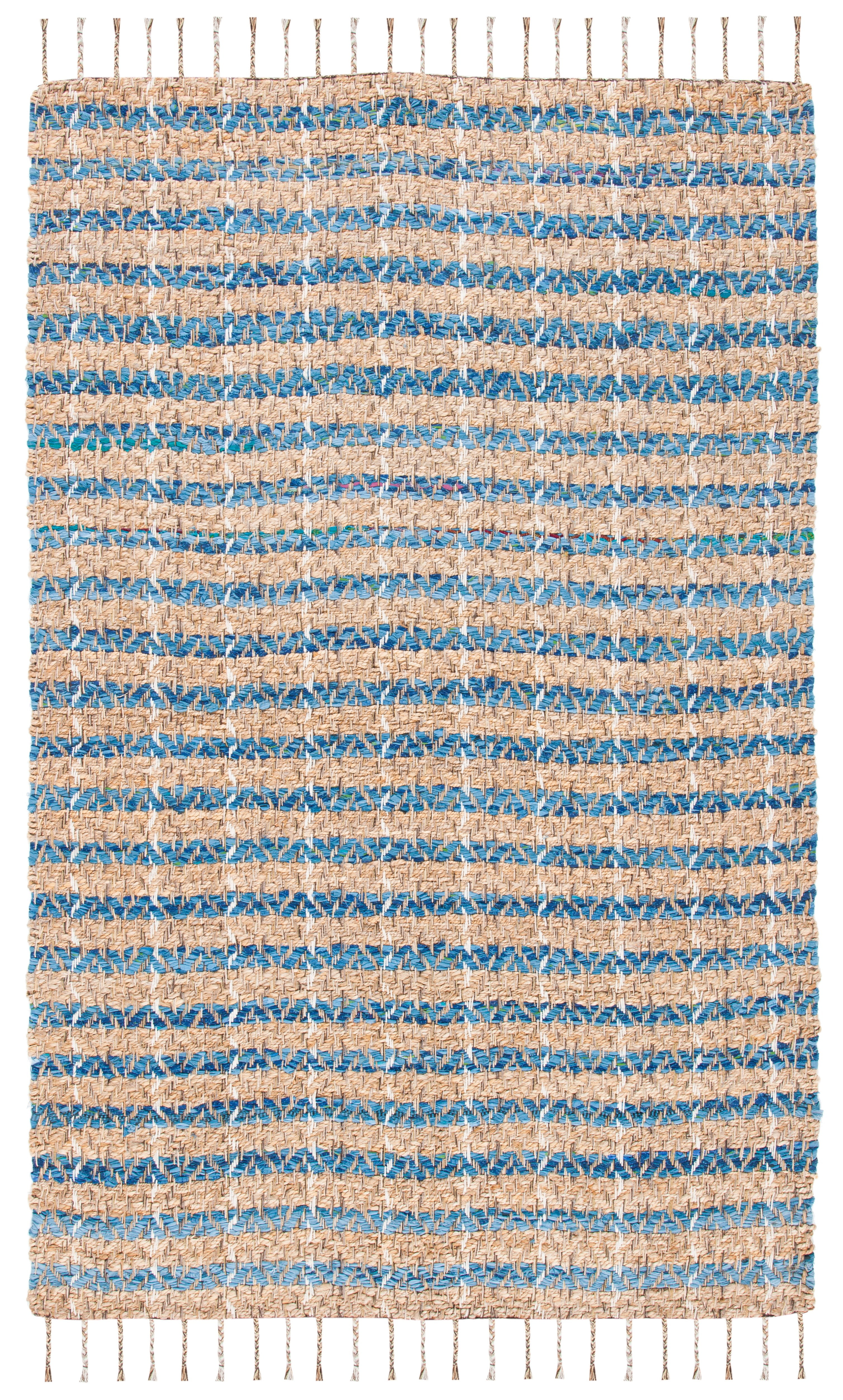 Hand-Knotted Blue and Natural Jute Cotton 4' x 6' Area Rug