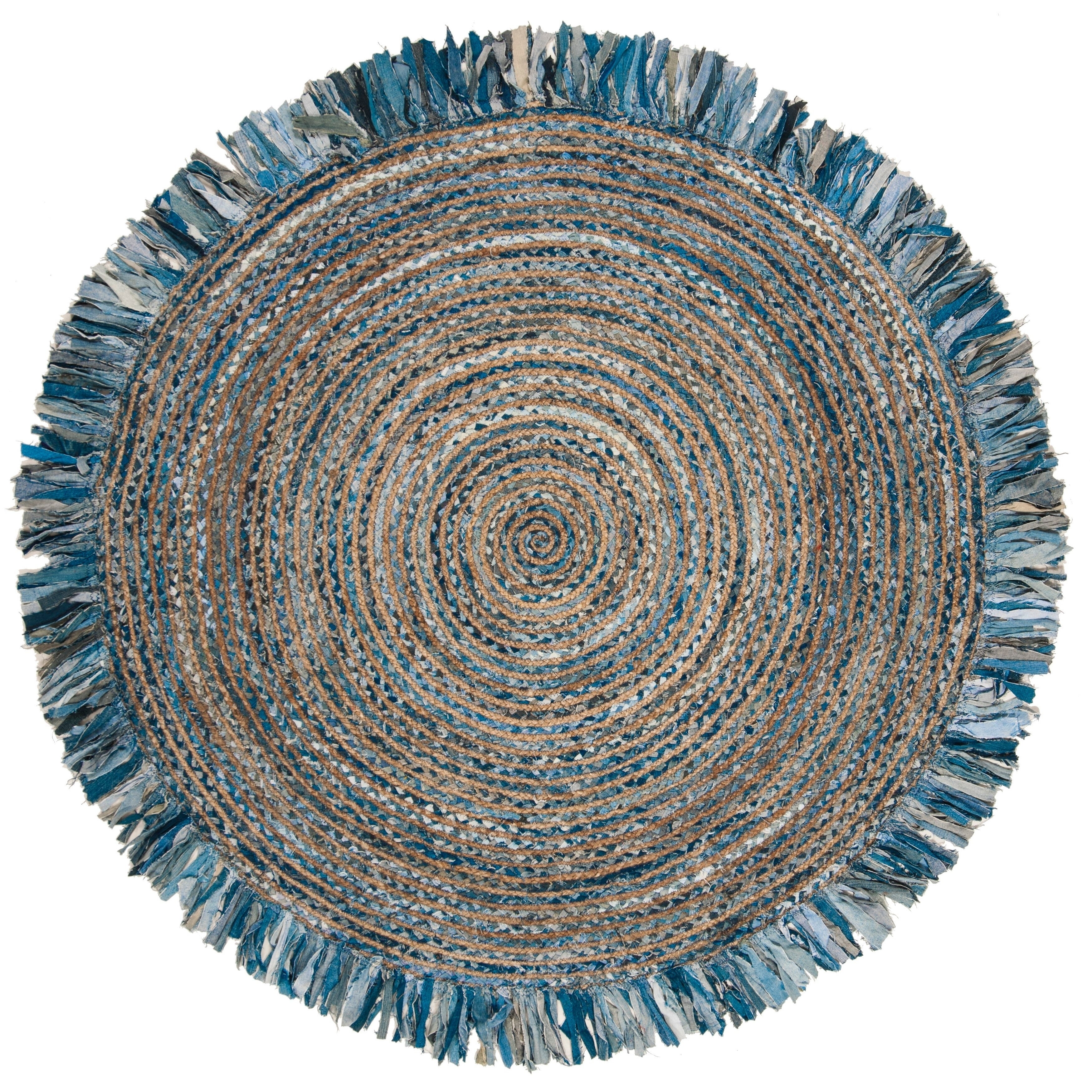 Ivory and Denim 7' Round Handwoven Boho Jute & Cotton Rug