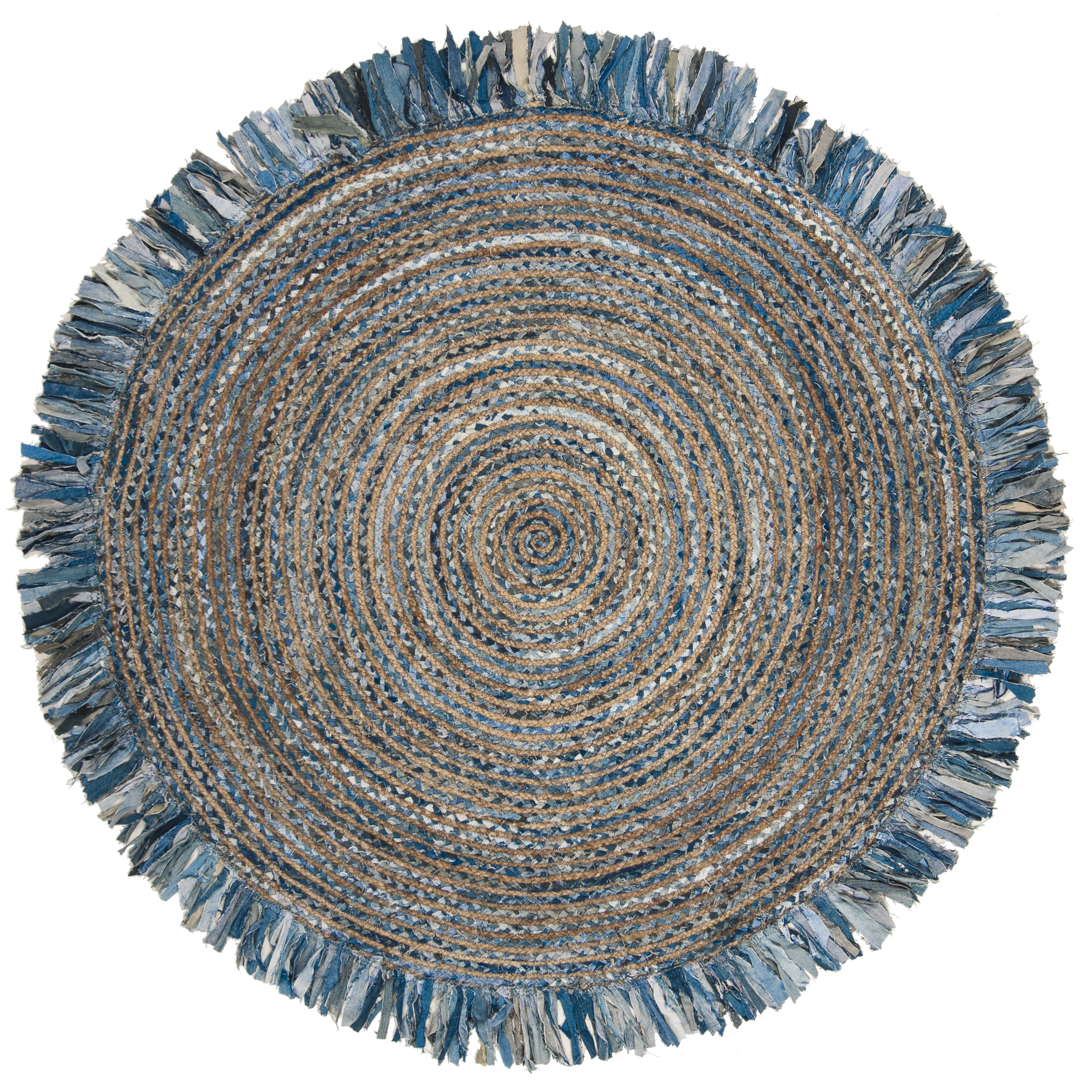 Ivory and Denim 7' Round Handwoven Boho Jute & Cotton Rug