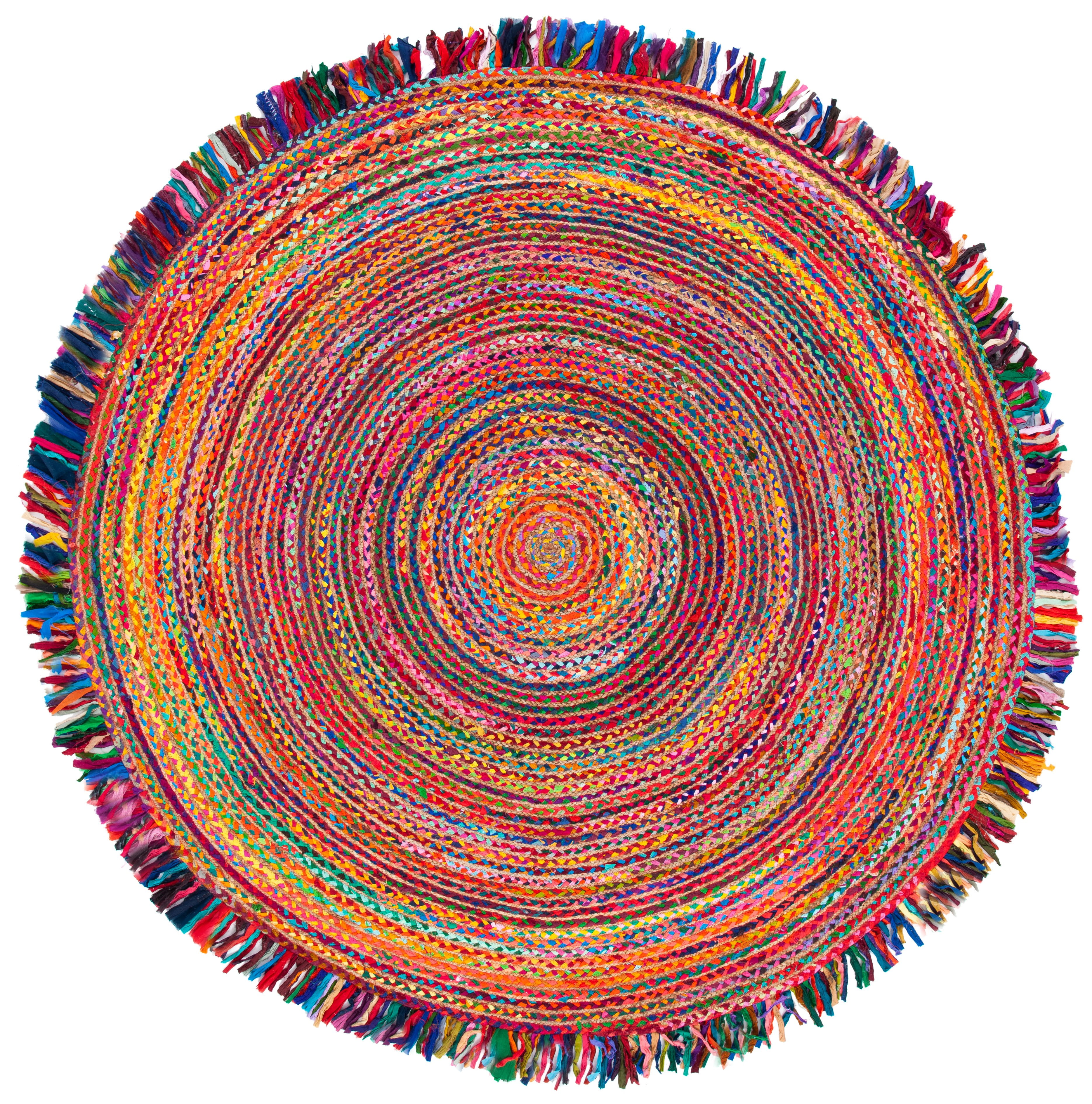 Handmade Multicolor Round Cotton and Wool Area Rug, 8' Diameter