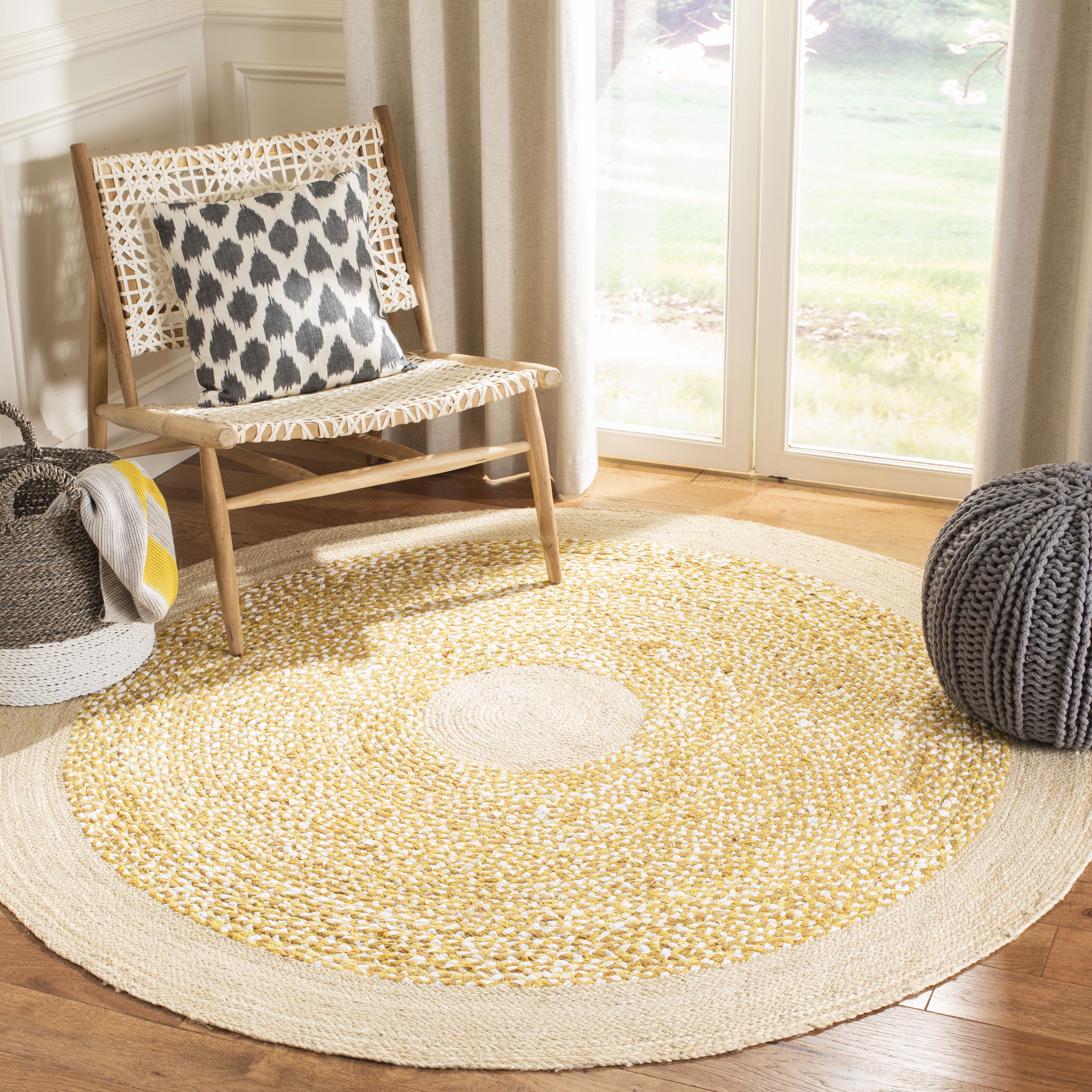 Handmade Gold and Natural Round Cotton Jute Area Rug, 4' Diameter