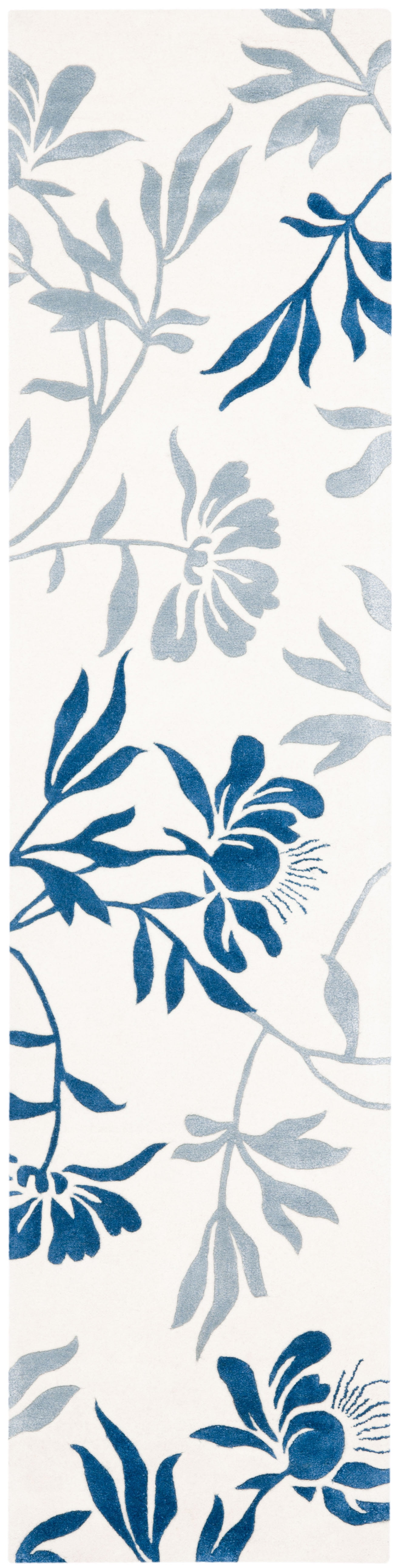 Ivory and Blue Floral Hand-Tufted Wool Runner Rug