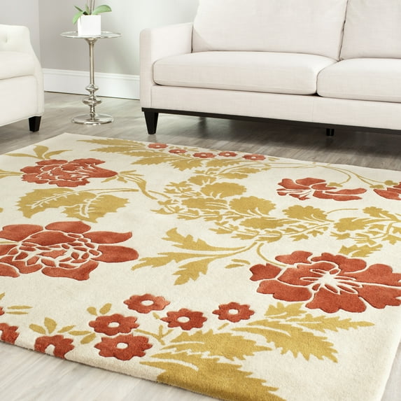 SAFAVIEH Capri Elvina Floral Wool Area Rug, Beige/Rust, 7' x 7' Square
