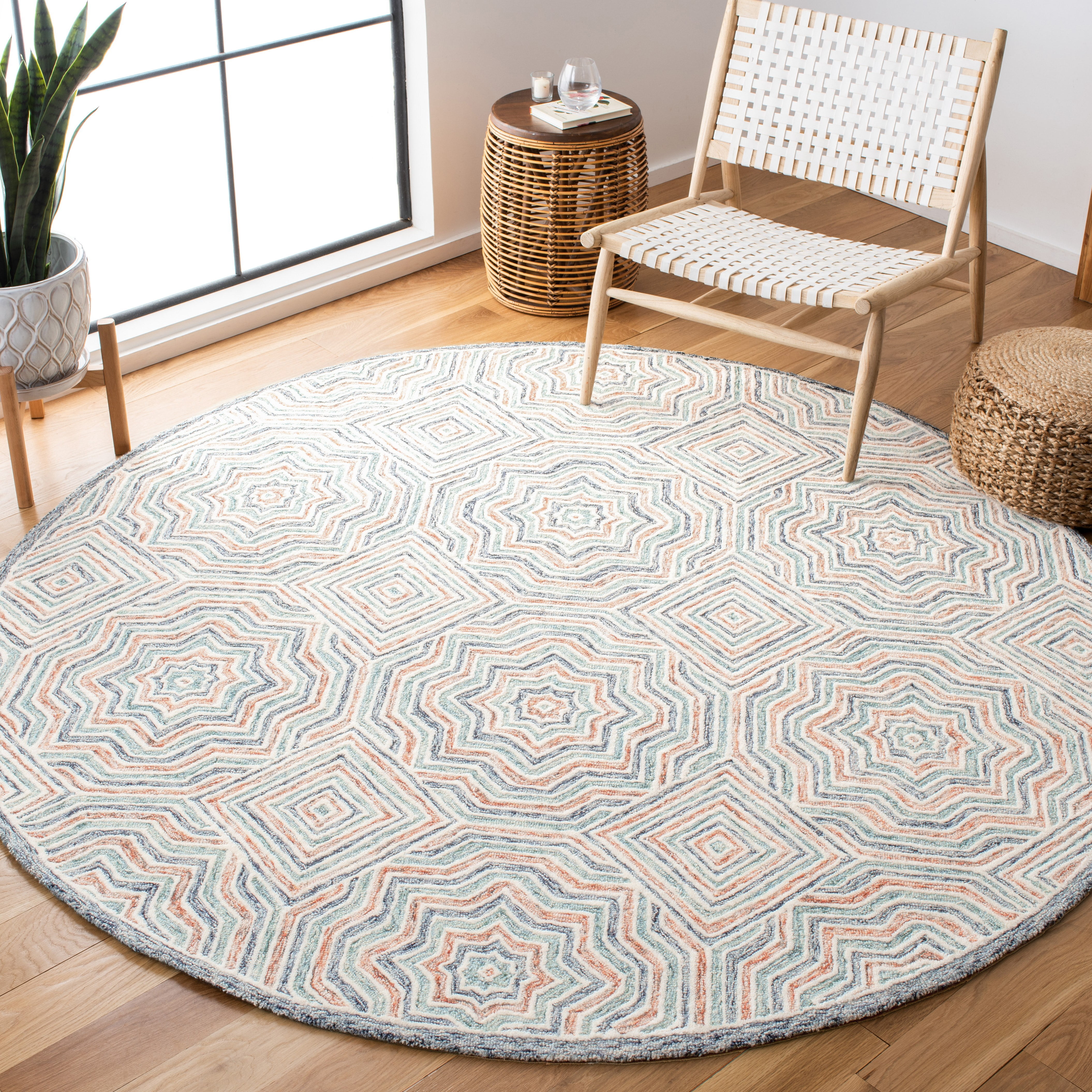 SAFAVIEH Capri Layla Geometric Wool Area Rug, Blue/Rust, 7' x 7' Round