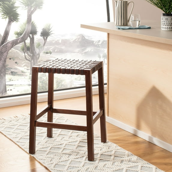 SAFAVIEH Capri Leather Woven Counter Stool with Footrest, Brown