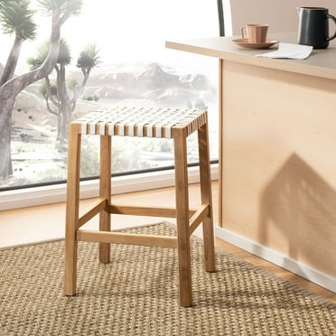 SAFAVIEH Capri Leather Woven Counter Stool with Footrest, Natural Teak/White Leather