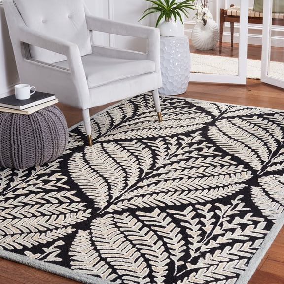 SAFAVIEH Capri Proinsias Leaves Wool Area Rug, Black/Ivory, 6' x 9'