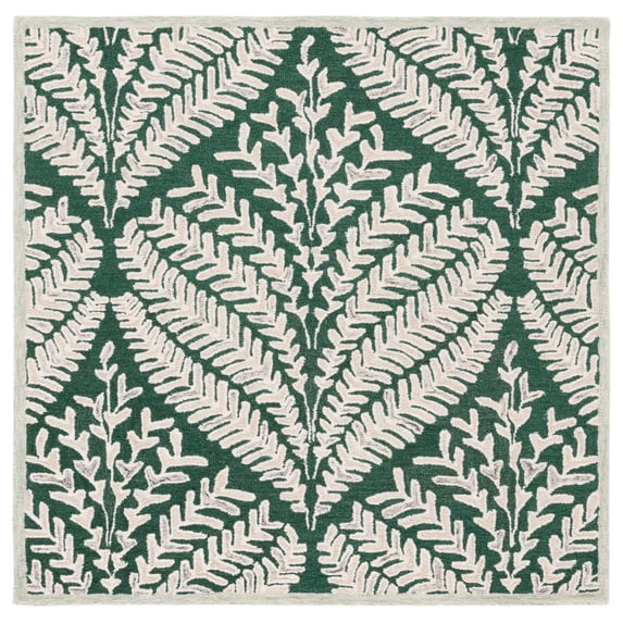 SAFAVIEH Capri Proinsias Leaves Wool Area Rug, Dark Green/Ivory, 3' x 3' Square