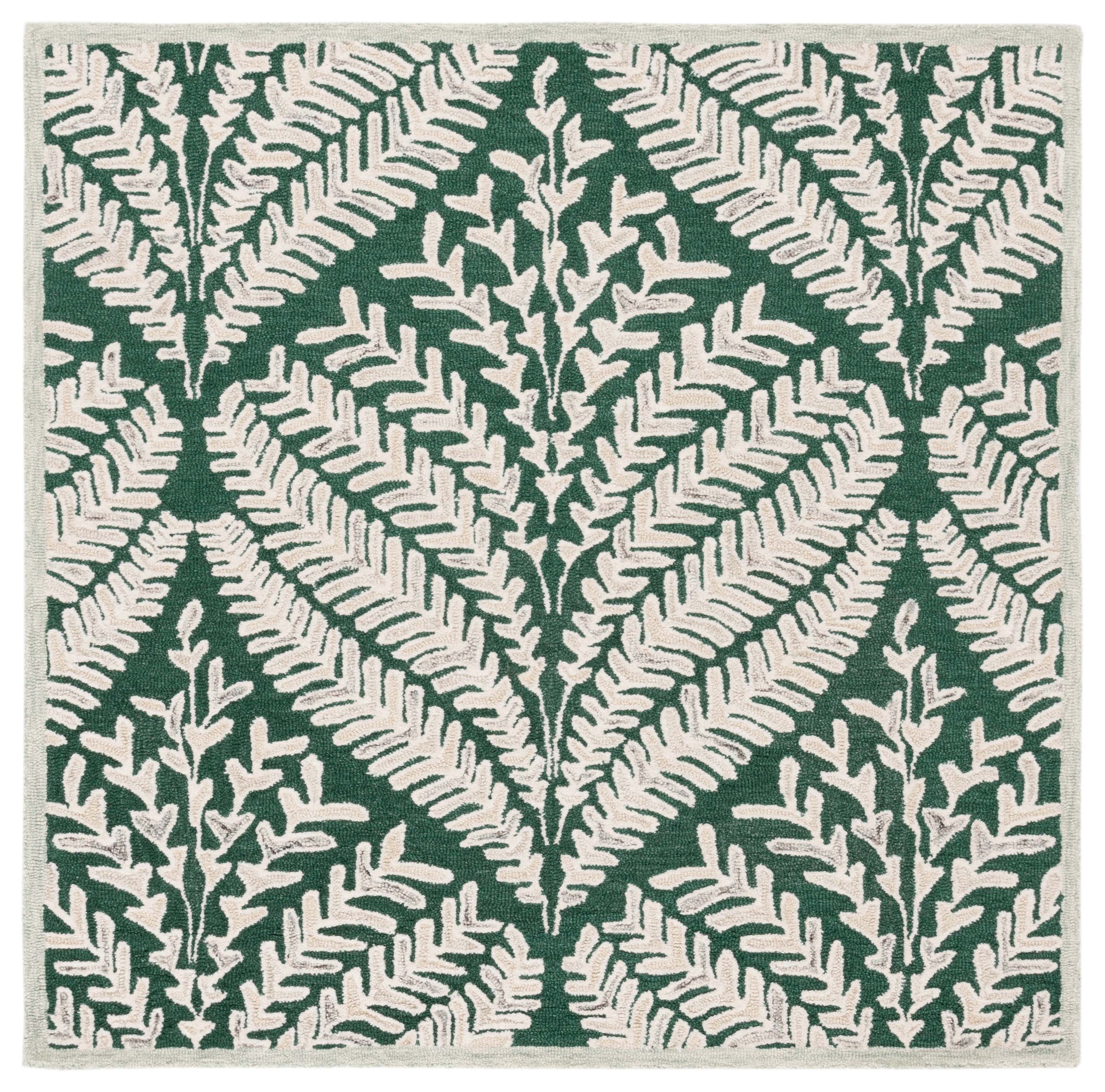 Hand-Tufted Dark Green and Ivory Wool Square Area Rug