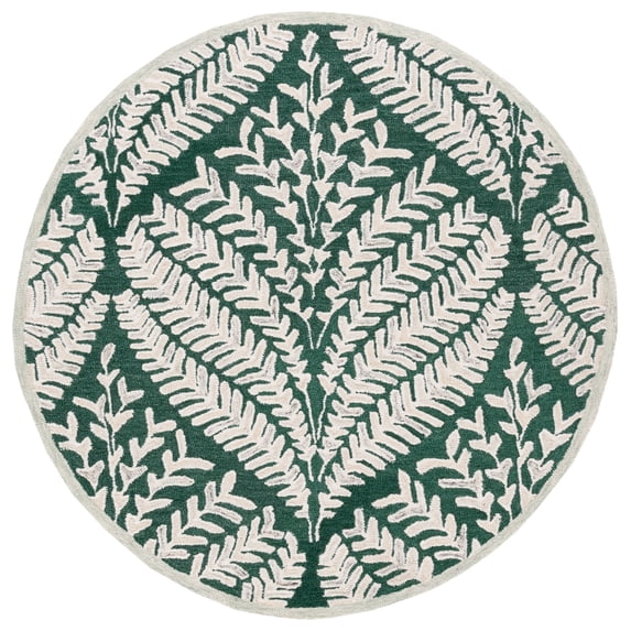 SAFAVIEH Capri Proinsias Leaves Wool Area Rug, Dark Green/Ivory, 7' x 7' Round