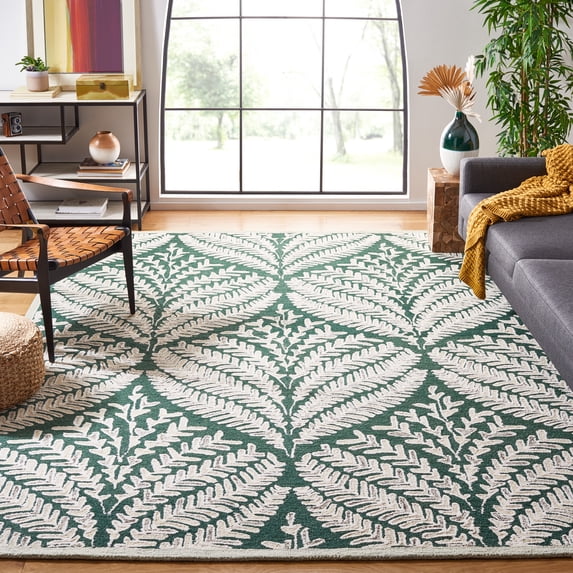 SAFAVIEH Capri Proinsias Leaves Wool Area Rug, Dark Green/Ivory, 9' x 12'