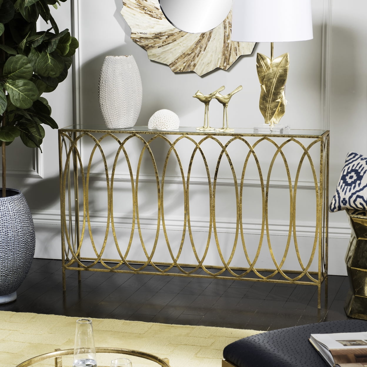 SAFAVIEH Carina Oval Ringed Console Table, Golf Foil/Glass