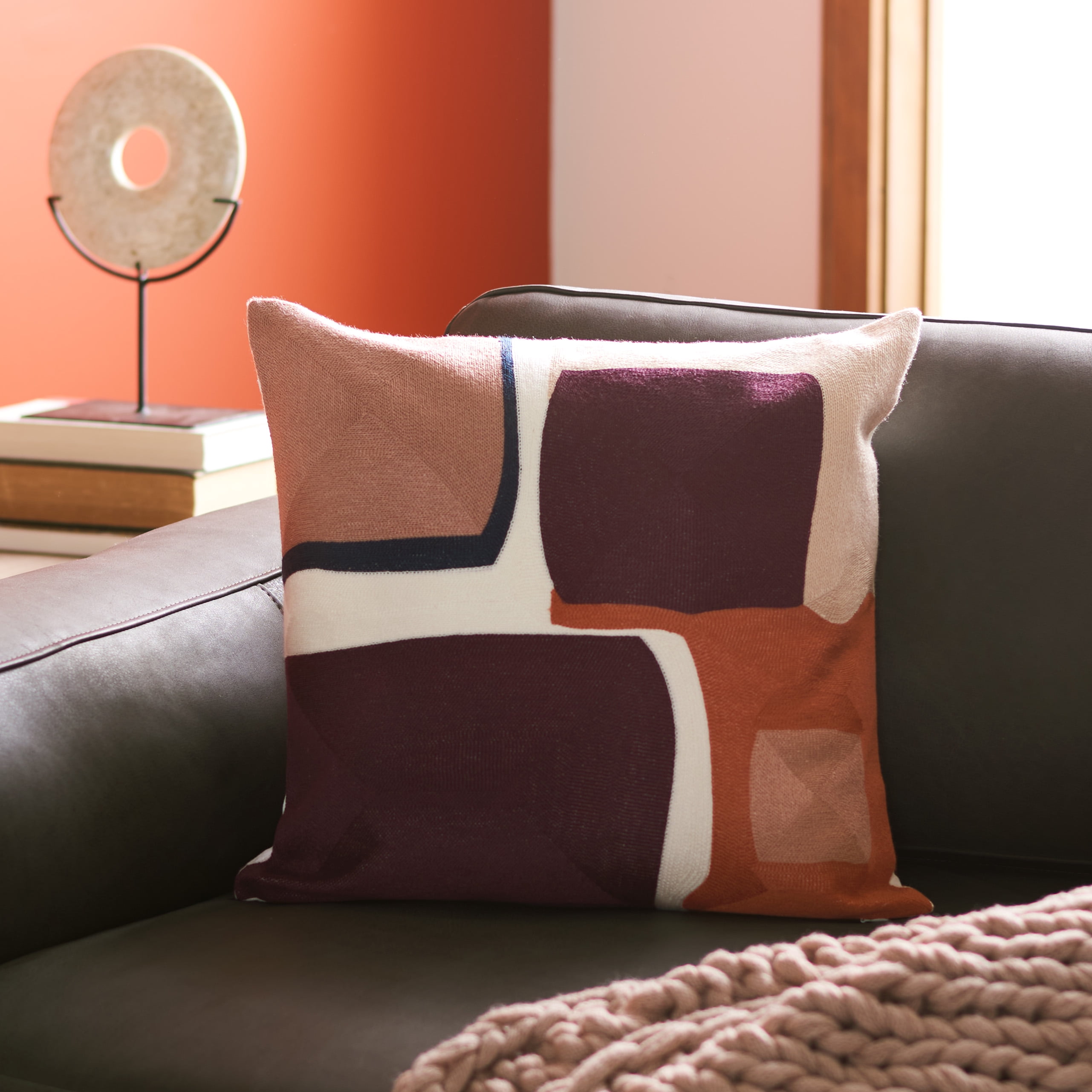 Carlee 18" Square Burgundy and Beige Cotton Throw Pillow