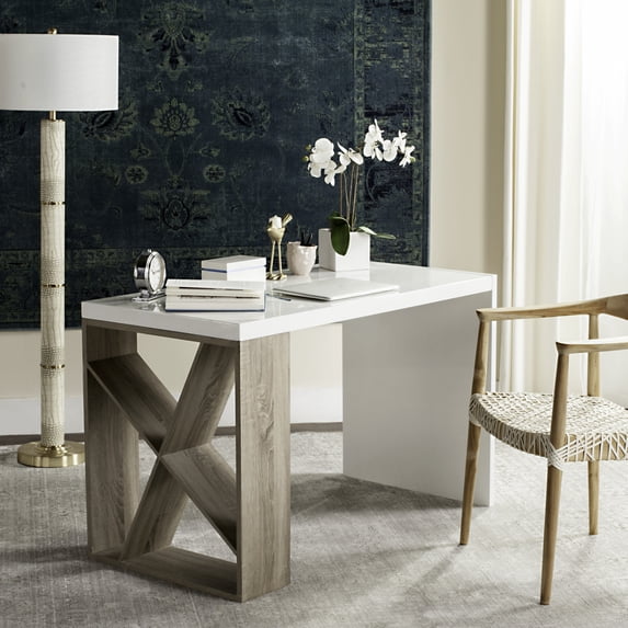 SAFAVIEH Carlene 47" Width Modern Scandinavian Side Storage Lacquer Desk, White/Light Grey