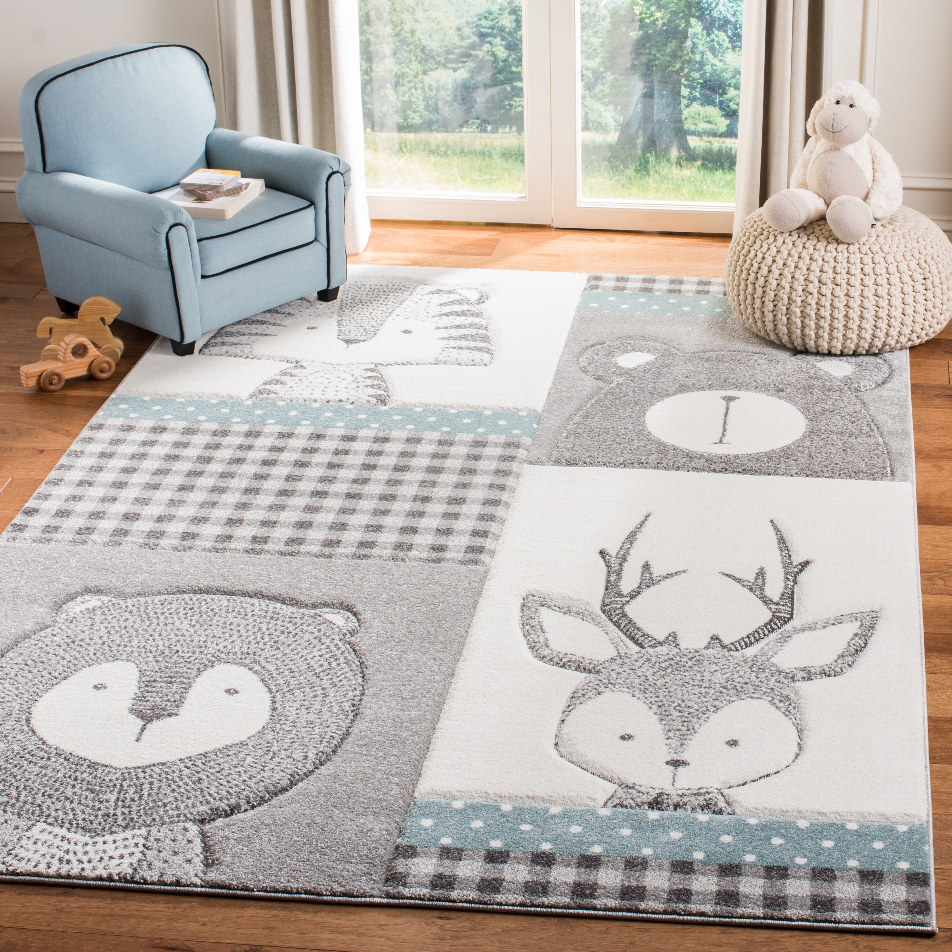 Ivory and Gray Square Synthetic Kids Rug, 80 in