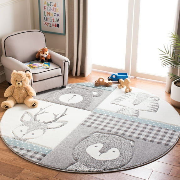 SAFAVIEH Carousel Kids Alphonse Animal Portraits Area Rug, Gray/Ivory, 8' x 8' Round