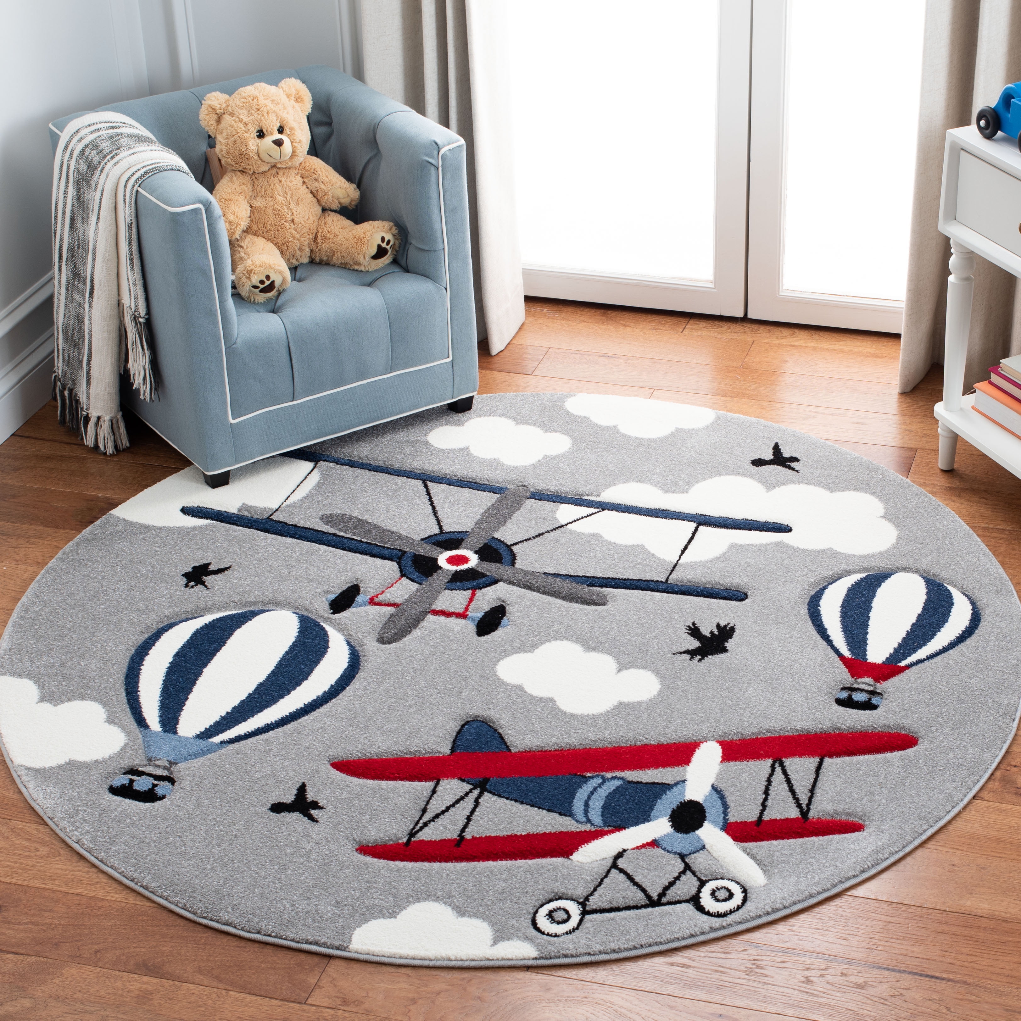 Playful Carousel 5'3" Round Light Grey & Red Kids Area Rug