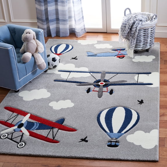 SAFAVIEH Carousel Kids Biplanes in the Sky Area Rug, Light Gray/Red, 5'3" x 5'3" Square