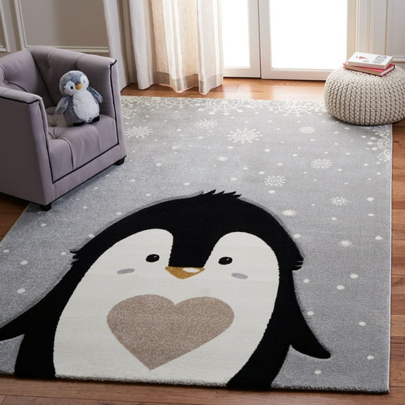 SAFAVIEH Carousel Kids Penguin in the Snow Area Rug, Light Gray/Black, 2' x 3'