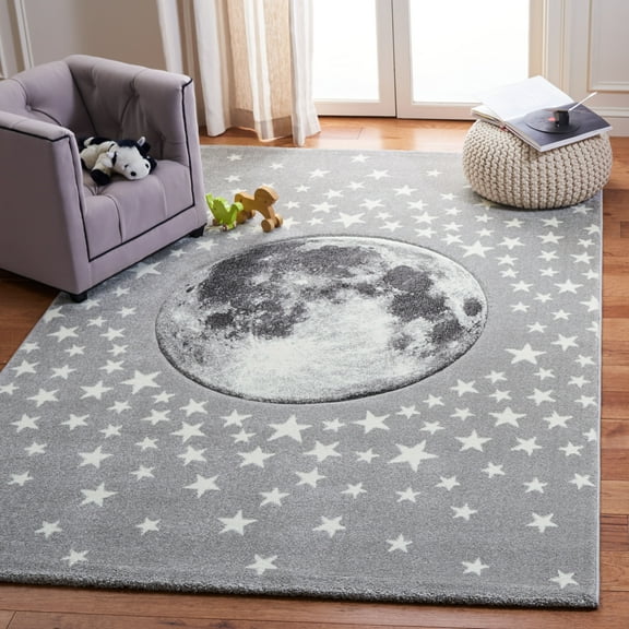 SAFAVIEH Carousel Kids Moon in the Stars Area Rug, Light Gray/White, 5'3" x 7'6"