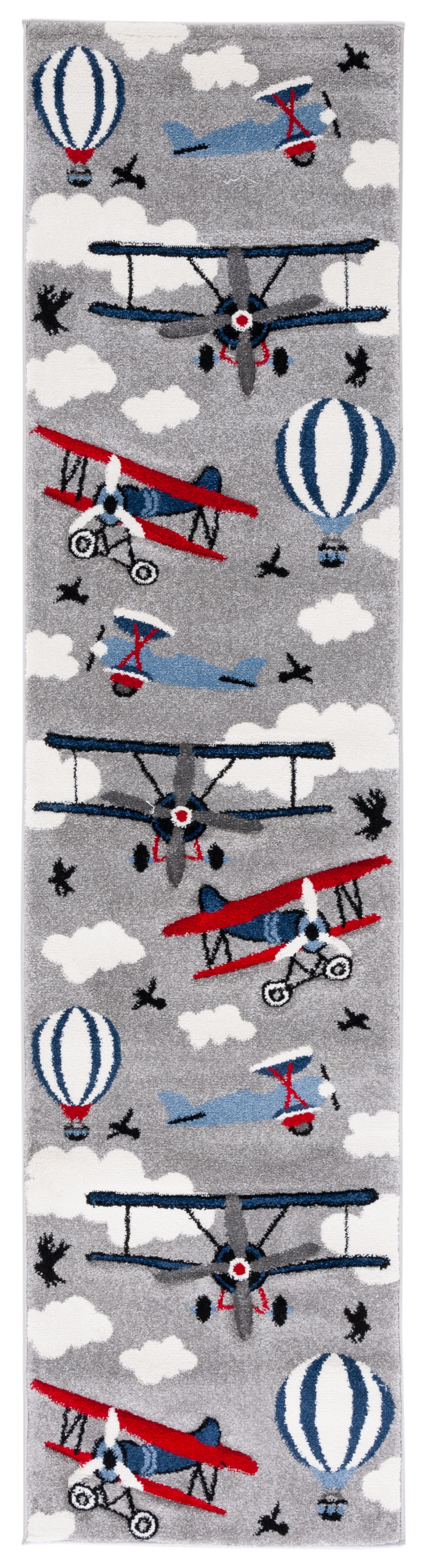 Light Grey and Red Aviation Pattern Synthetic Runner Rug for Kids