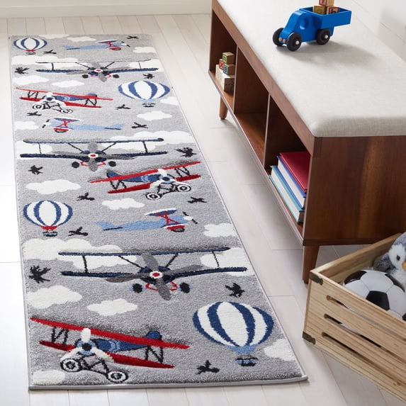 SAFAVIEH Carousel Kids Biplanes in the Sky Runner Rug, Light Gray/Red, 2'3" x 10'