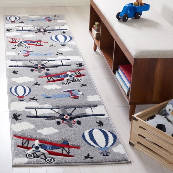SAFAVIEH Carousel Kids Biplanes in the Sky Runner Rug, Light Gray/Red, 2'3" x 6'