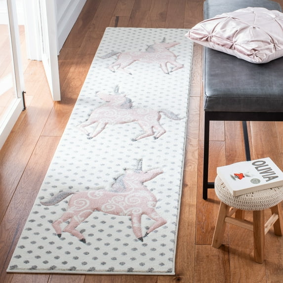 SAFAVIEH Carousel Kids Dalach Unicorn Runner Rug, Ivory Gray/Pink, 2' x 8'
