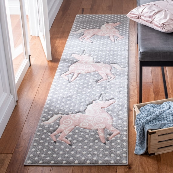 SAFAVIEH Carousel Kids Dalach Unicorn Runner Rug, Gray/Ivory/Pink, 2' x 8'