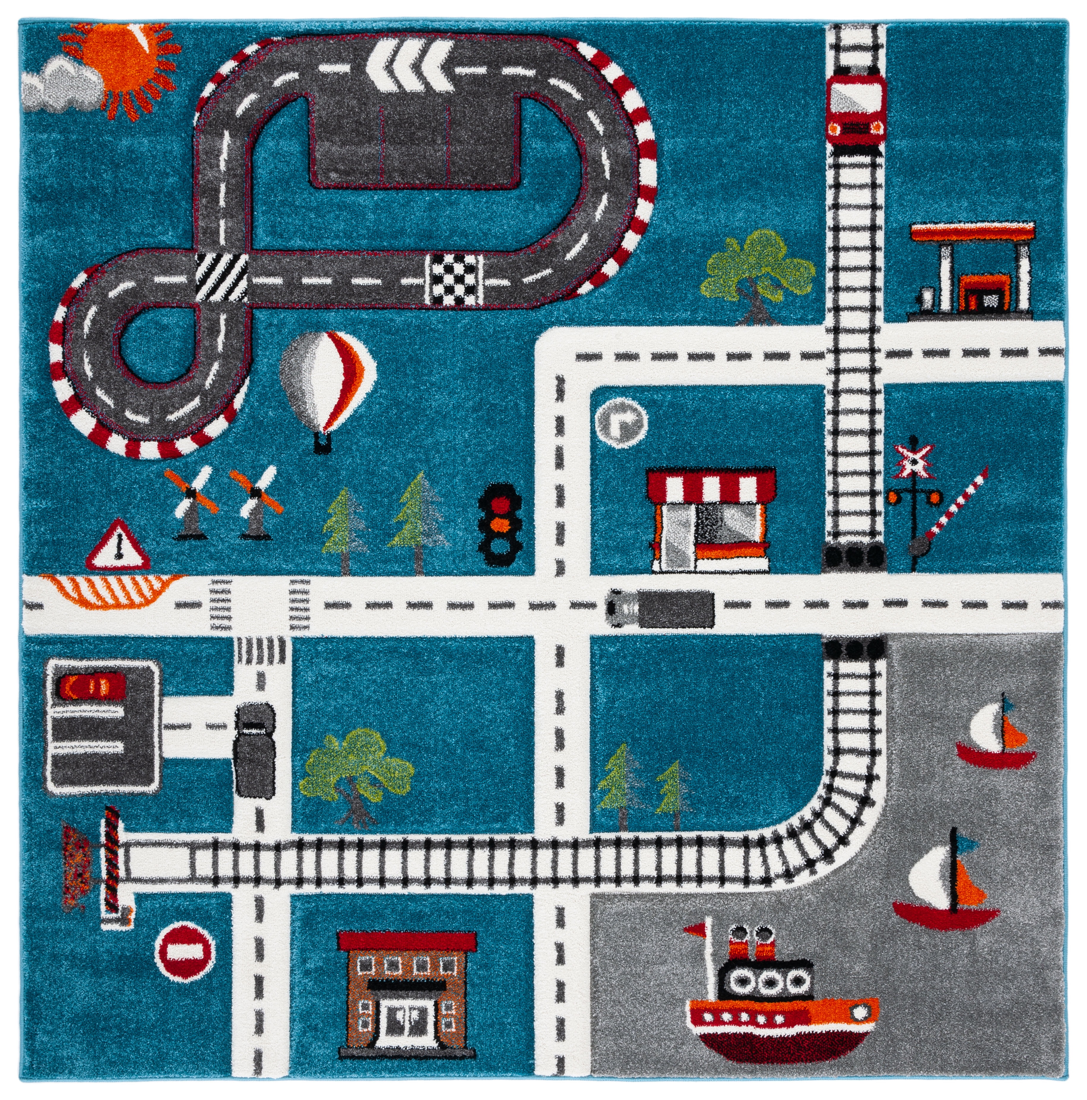 Turquoise and Ivory Square Kids Train Track Area Rug