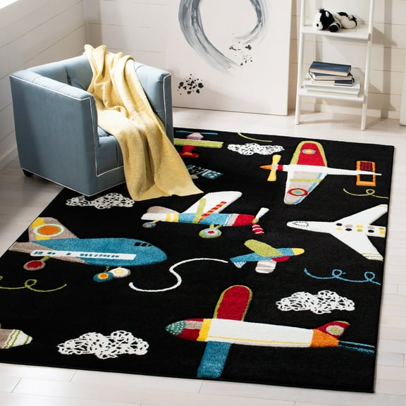 SAFAVIEH Carousel Kids Caroline Airplanes Area Rug, Black/Ivory, 2' x 3'