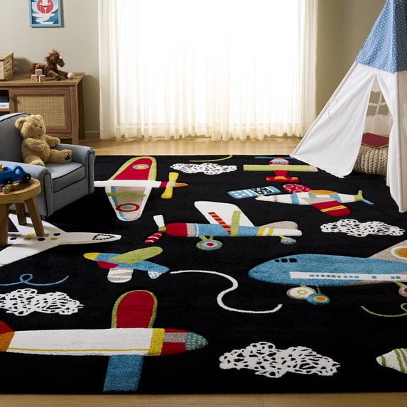 SAFAVIEH Carousel Kids Caroline Airplanes Area Rug, Black/Ivory, 9' x 12'