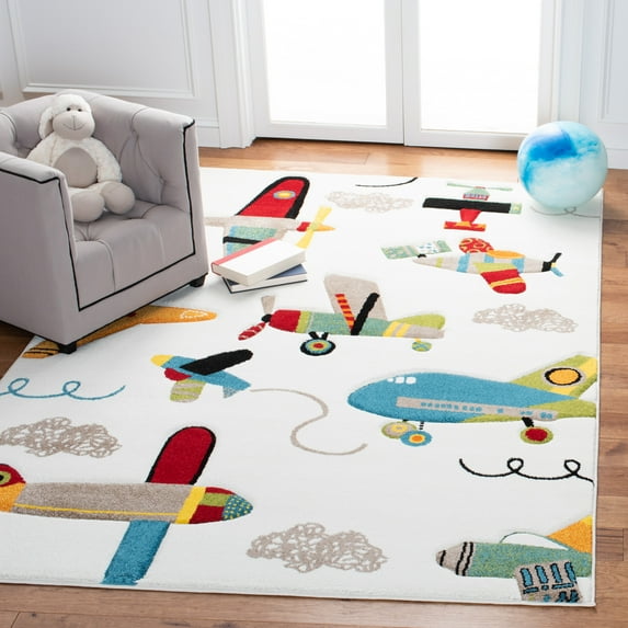 SAFAVIEH Carousel Kids Caroline Airplanes Area Rug, Ivory/Blue, 2' x 3'
