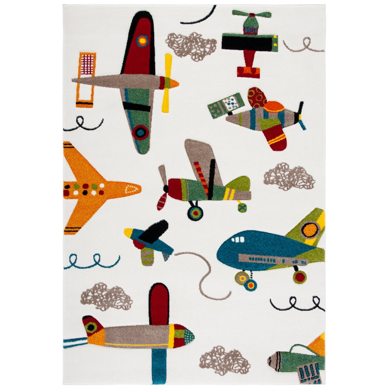 Ivory and Blue Airplane Kids Rectangular Rug, 4' x 6'