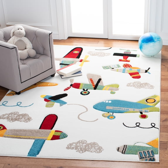 SAFAVIEH Carousel Kids Caroline Airplanes Area Rug, Ivory/Blue, 6'7" x 9'