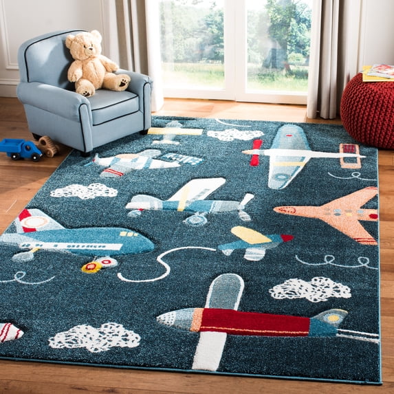 SAFAVIEH Carousel Kids Caroline Airplanes Area Rug, Navy/Ivory, 4' x 4' Square