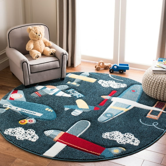 SAFAVIEH Carousel Kids Caroline Airplanes Area Rug, Navy/Ivory, 8' x 8' Round