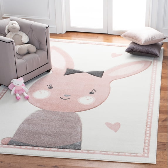 SAFAVIEH Carousel Kids Clark Shy Bunny Area Rug, Ivory/Pink, 2' x 3'
