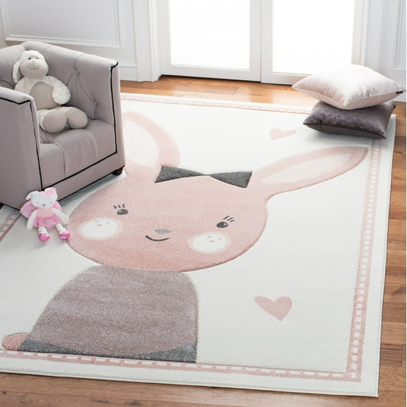 SAFAVIEH Carousel Kids Clark Shy Bunny Area Rug, Ivory/Pink, 5'3" x 7'6"