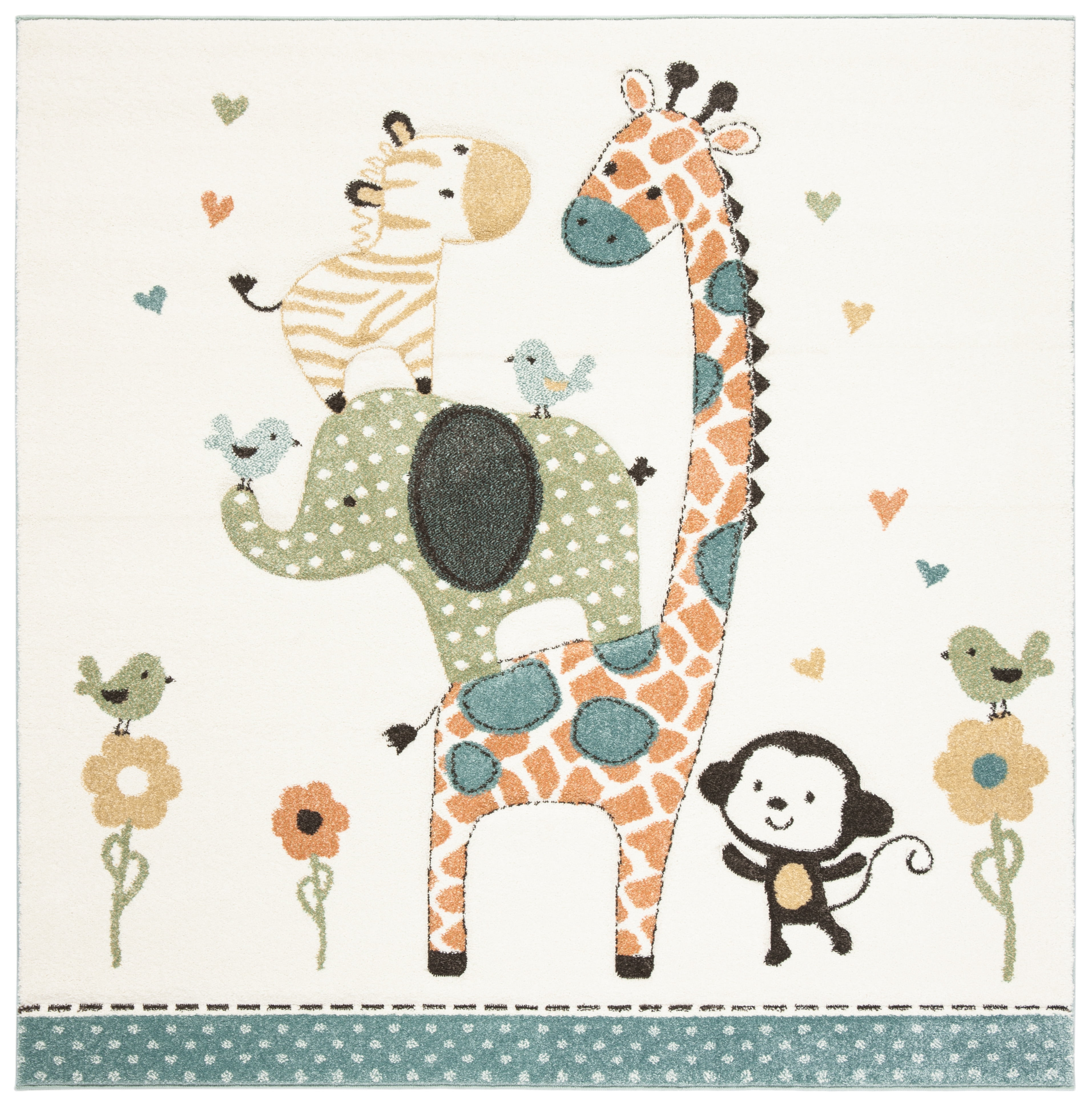Ivory Non-slip Synthetic Kids' Square Rug, 59"