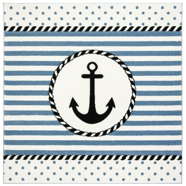 SAFAVIEH Carousel Kids Collection Area Rug - 4' Square, Navy & Grey, Non-Shedding & Easy Care, Ideal for High Traffic Areas for Boys & Girls in